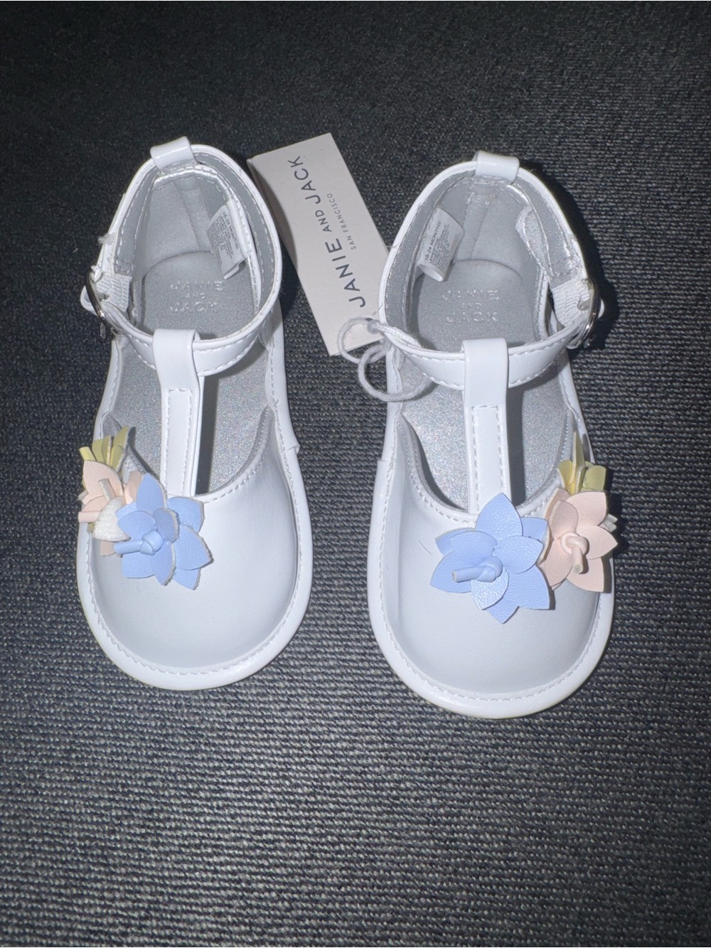 Janie and Jack White Girls' Floral T-Strap Leather Shoes